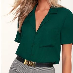 Dark Green Button Up Short-Sleeve Top